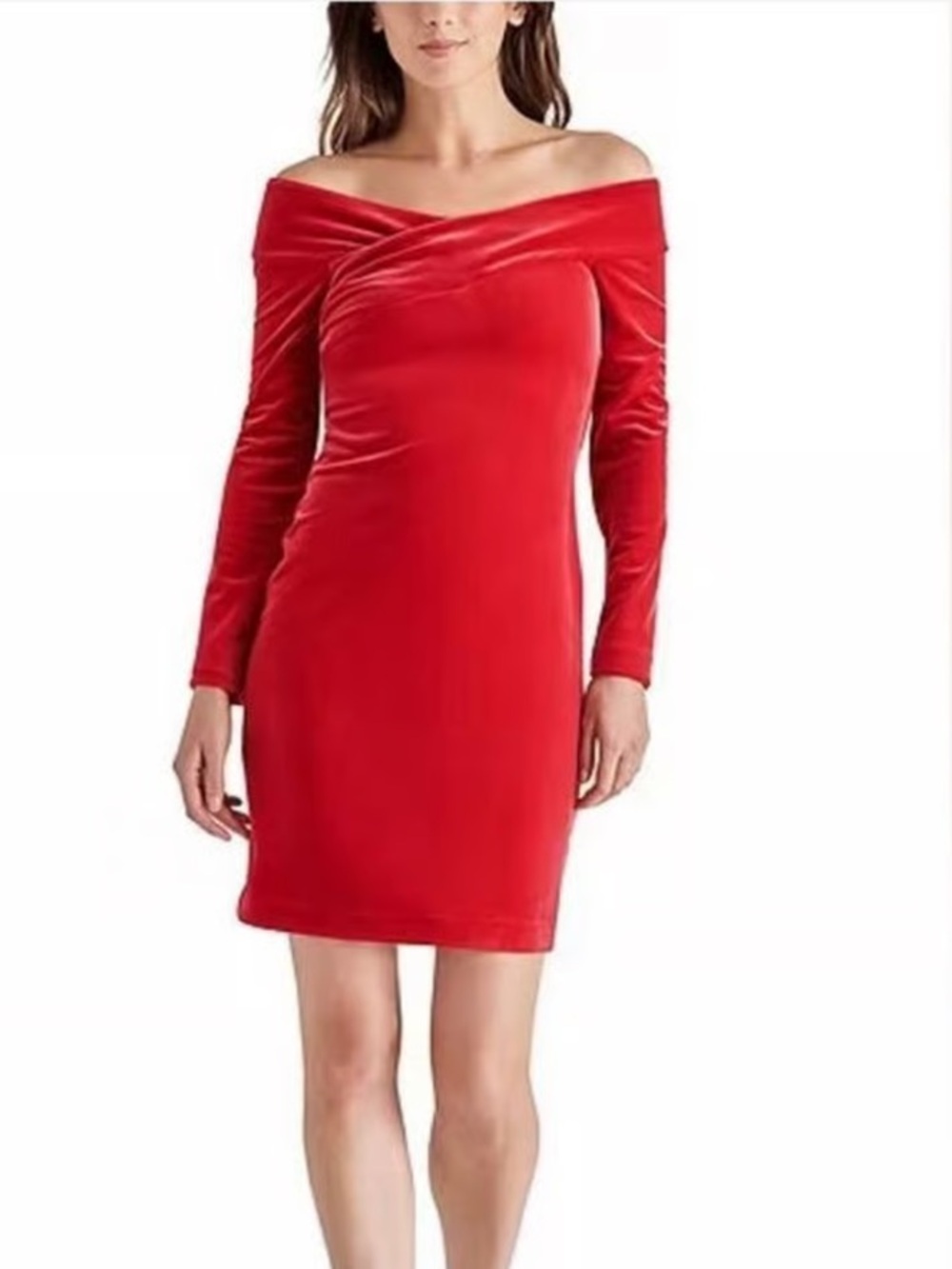 Steve Madden Red Velvet Off-Shoulder Long Sleeve Dress